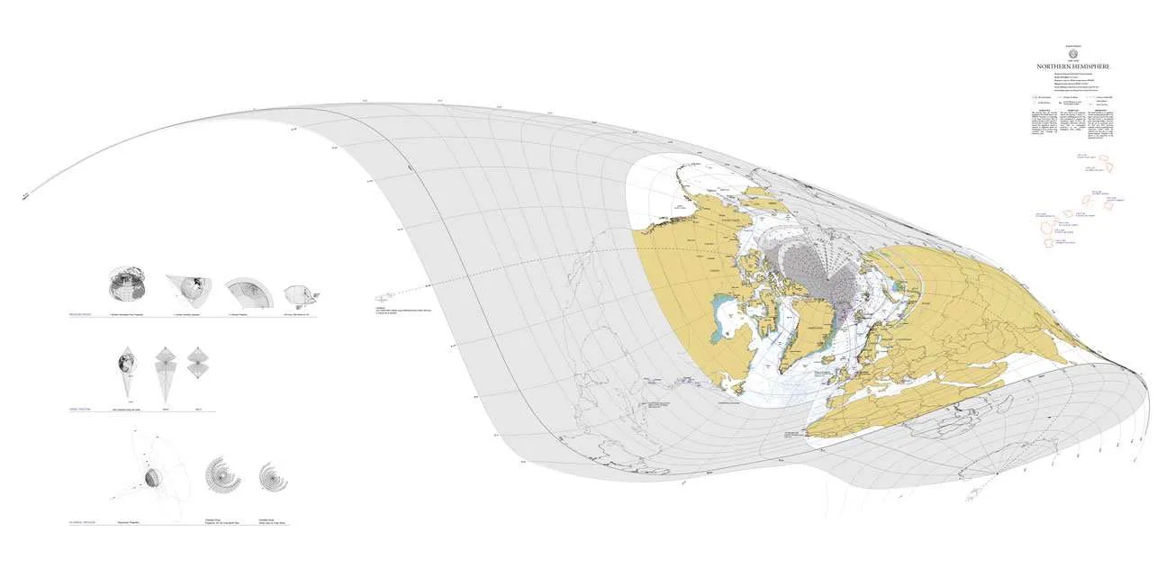 Perspectival Polar biased conical projection map of the Fram Strait and scanned floes